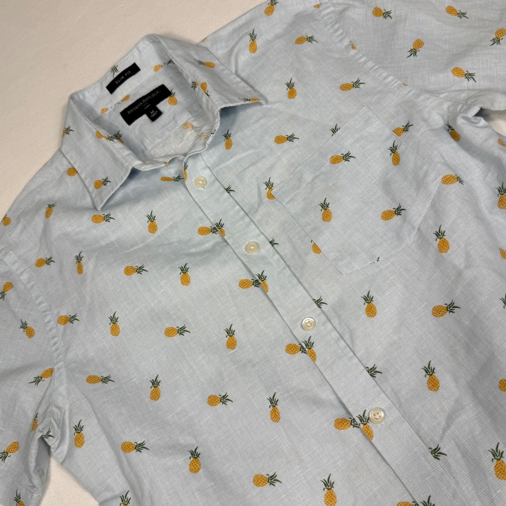 Banana Republic Shirt M Blue Pineapple Print Slim Fit Linen Short Sleeve Button